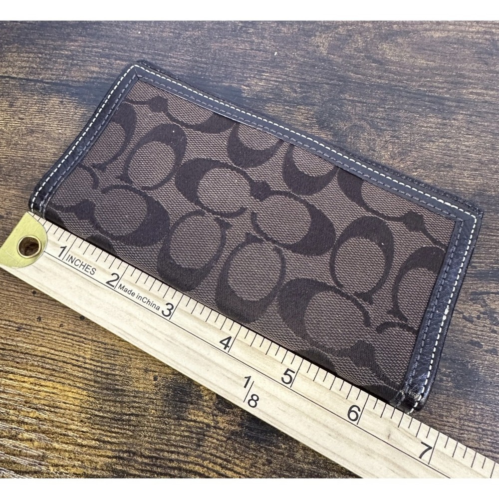 Coach Checkbook Cover Signature Brown Logo Jacquard Fabric Leather Trim Wallet - Picture 12 of 14
